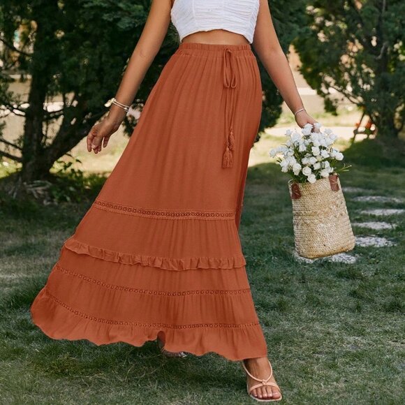 Red Boho Womens Tie Waist Ruffle Hem Skirt - Picture 1 of 5